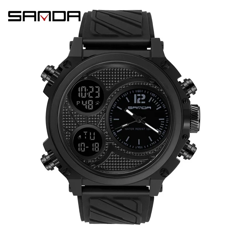 

SANDA 3002 Brand Men's Dual Time Quartz Watch Electronic Display Automatic Date Week Sports Silicone Strap Watches for Man Reloj