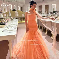 Qunque Mermaid Tulle Coral Prom Party Dresses Strapless Pleat Long Evening Dress Customized Shawl Scarf Formal Occasion Gowns