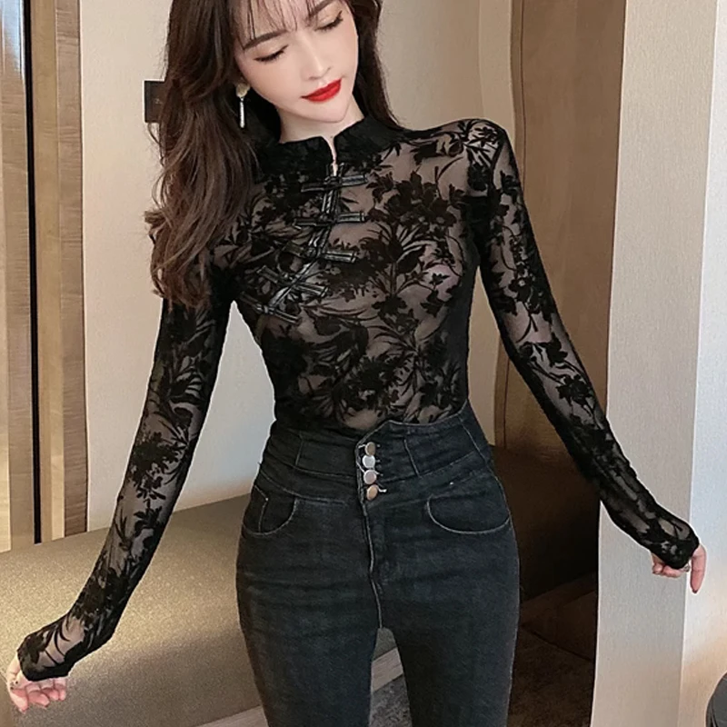 NEW Fashion Shirts and Blouses Lace Woman Long Sleeve Slim Turtleneck Black Sexy Top for Women See Through Clothes Y2k 11350