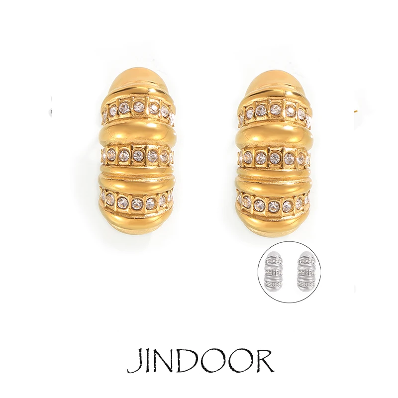 JINDOOR Titanium Steel Plated With 18k Gold Cuff Earrings For Women Classic Trendy Metal With Zirconia Textured Drop Earrings