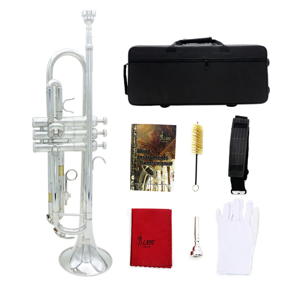 Silver Trumpet Bb Professional Brass Instrument Exquisite Trompete With Mouthpiece Strap Case Musical Instrument Accessories