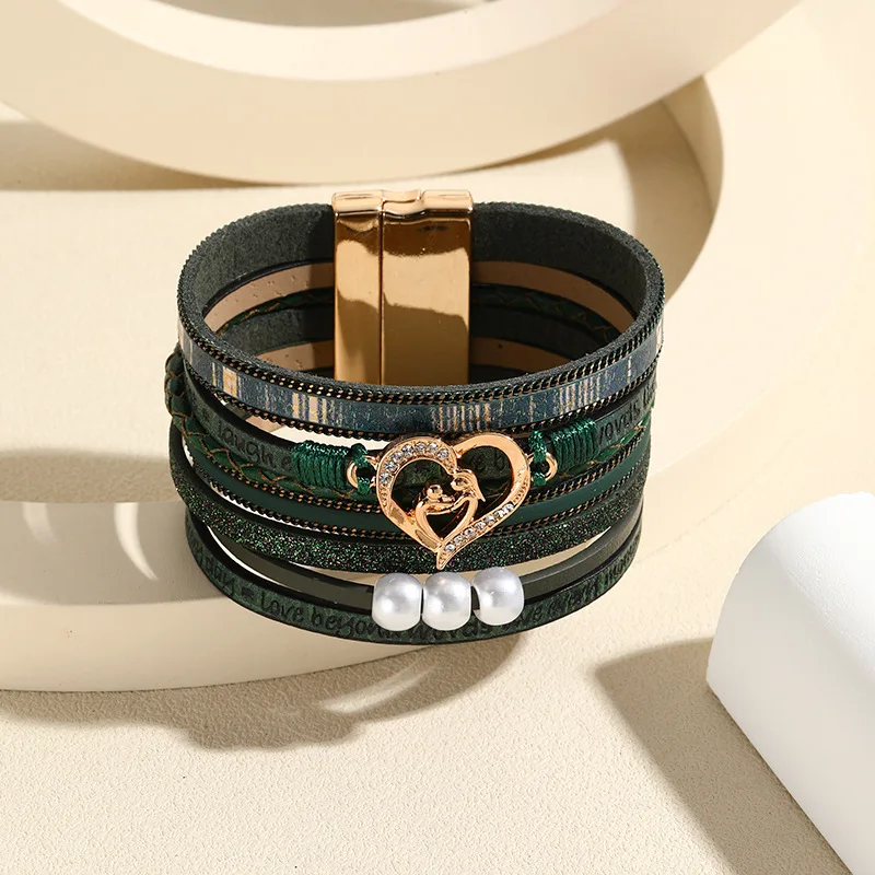 WYBU Boho Style Multi Layer Leather Bracelet for Women Luxury Jewelry Cupid Heart Open Magnet Buckle Bracelet as a Holiday Gift