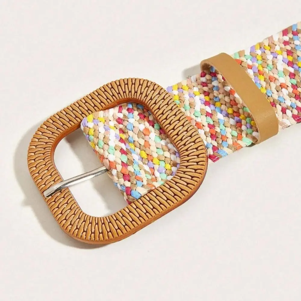 Woven Boho Straw Weave Belt Retro Colorful Bohemian Style Belt Holiday Style Round Buckle Ethnic Style Waistband