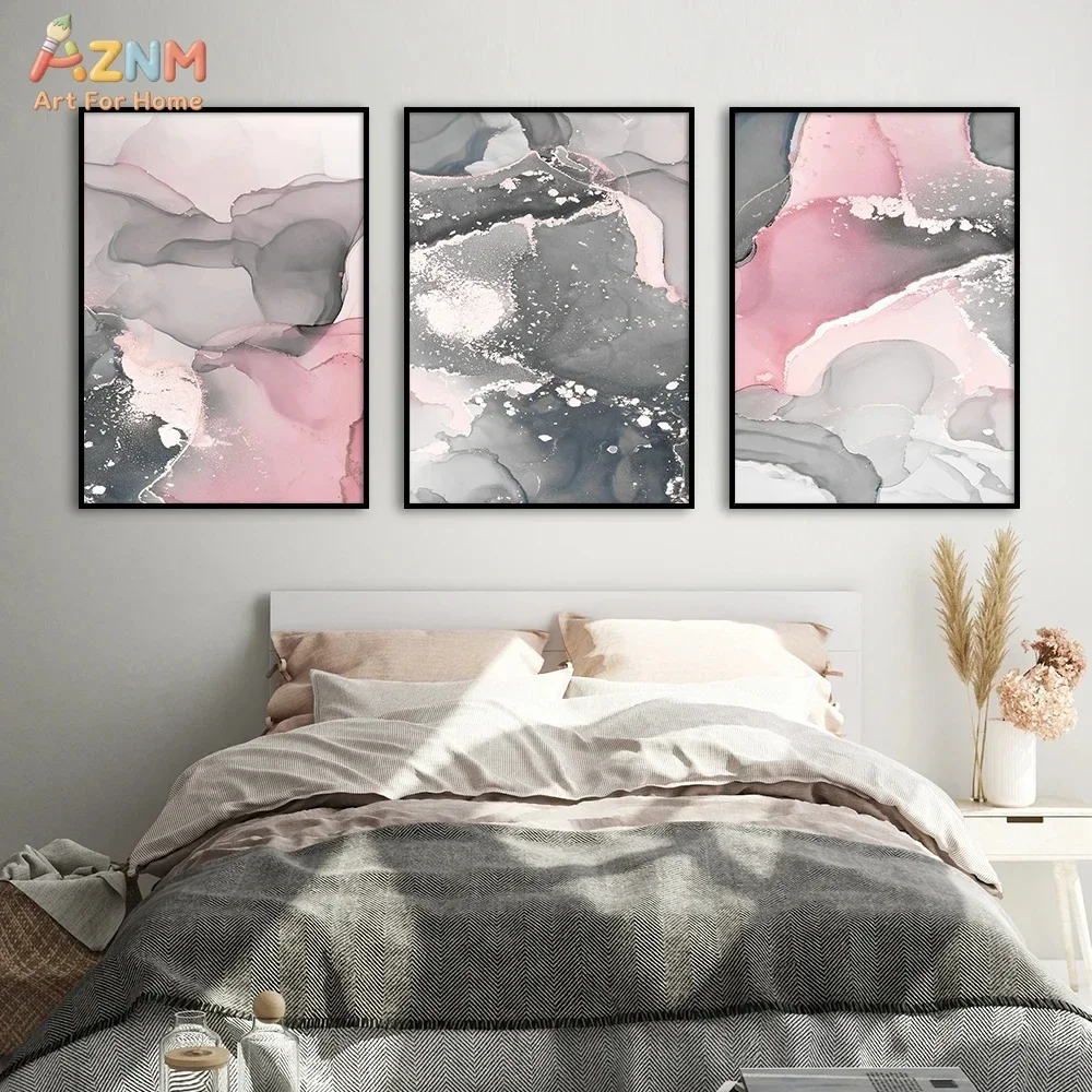 AZNM Pink Grey Alcohol Ink Abstract Canvas Wall Art, Marble Fluid Art Print, Modern Blush Pink Gray Agate Poster for Bedroom Liv