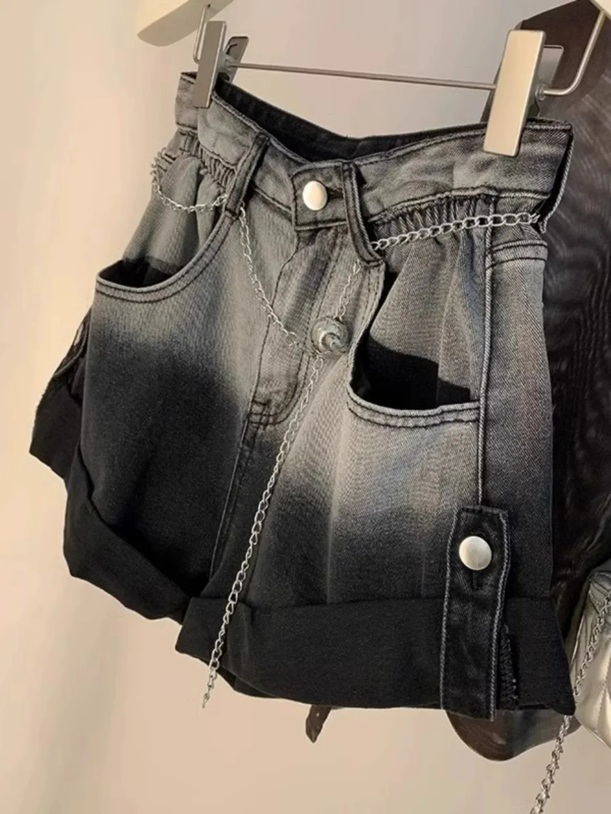 

High Waist A-Line Wide Leg Jeans Shorts Women's Summer New Style Gradient Color Design Slimming Hot Pants Casual Washed Denim