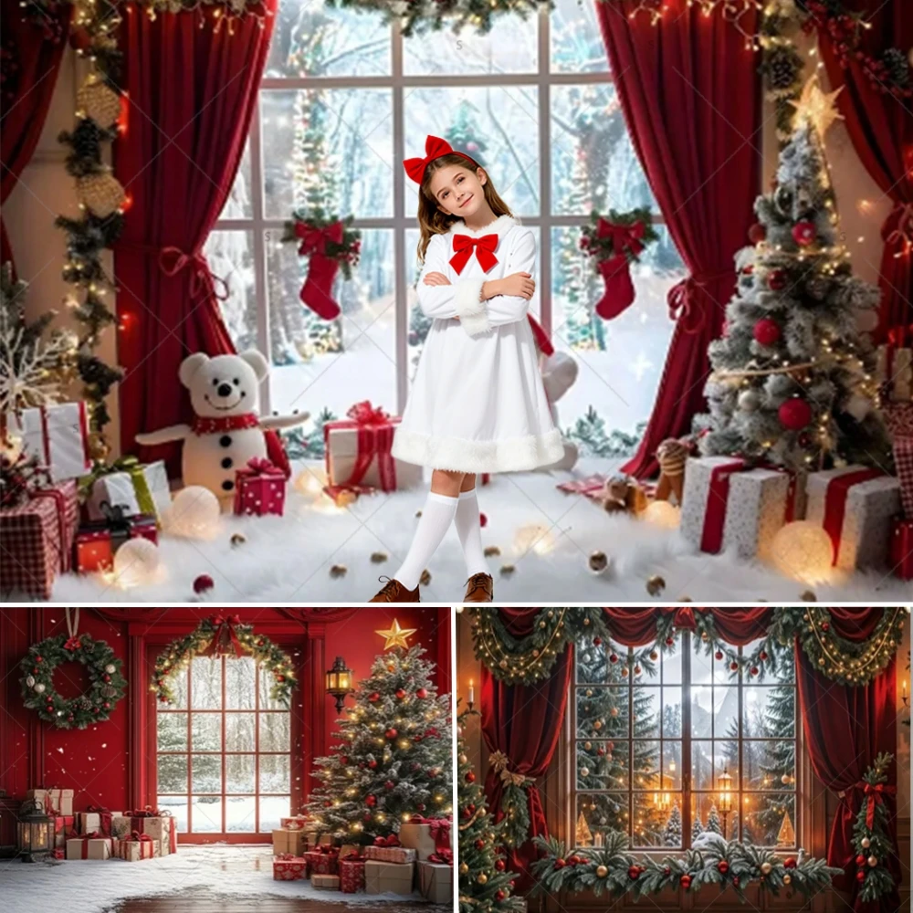

Winter Christmas Photography Background Fireplace Xmas Tree Baby Shower Family Party Gift Banner Backdrop Decor Prop