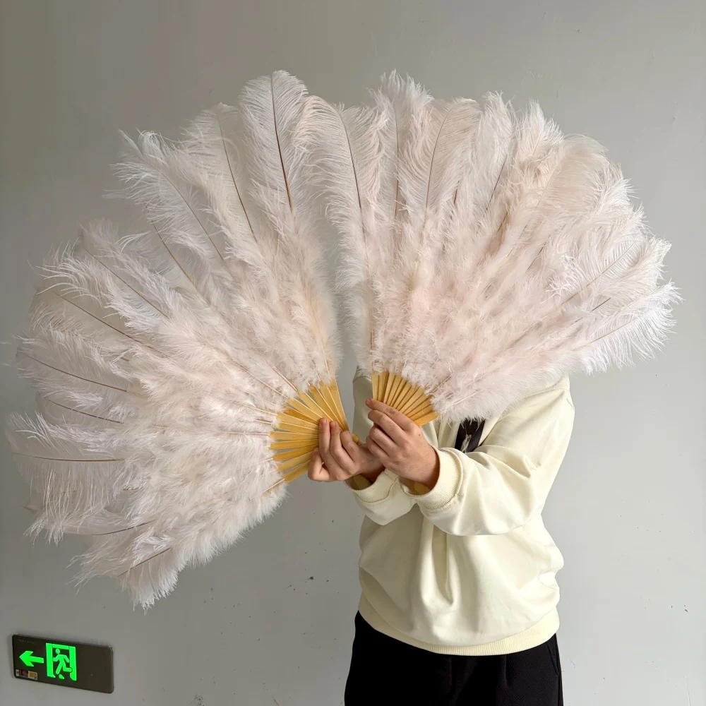 Custom Large Skin Pink Ostrich Feather Fan 100cm 13Bones Pink Foldable Handheld for Wedding Dance Party Event Decor