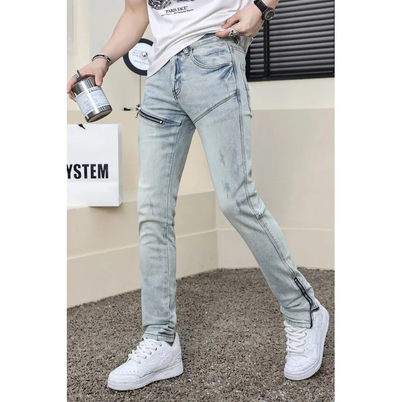 

2024Spring and Summer New Denim Trousers Men's Street Locomotive Style Fashion Personality Zipper Slim Fit Tapered Pants