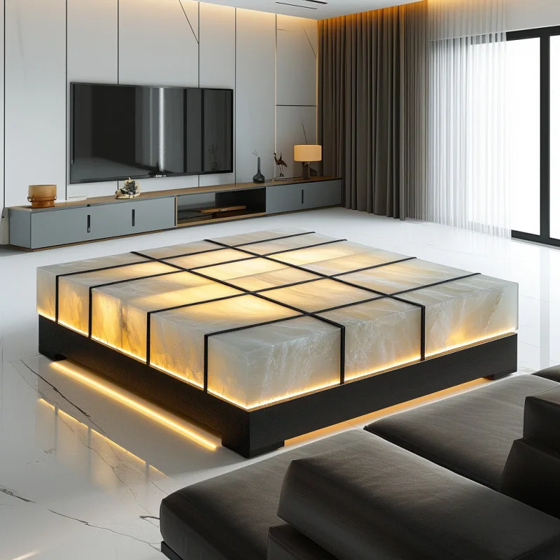 Antique and new Chinese-style luminous jade coffee table luxury stone square marble luxury high-end Chinese duplex penthouse liv