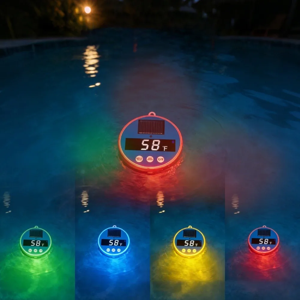 LED Illuminated Solar Pool Thermometer with Blue Indicator Light at 40C for Swimming Pools Fish Tanks and Spas