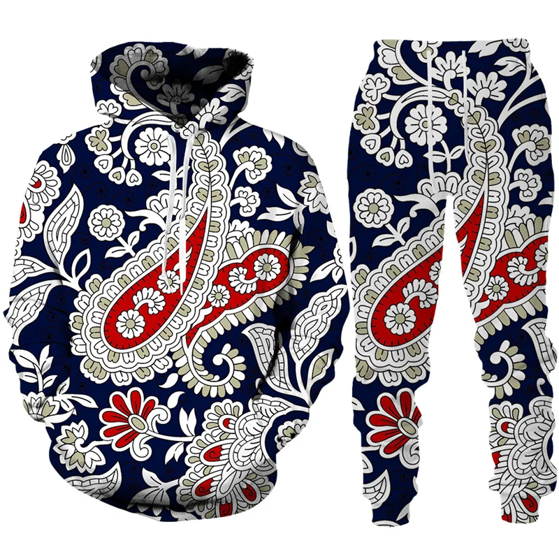 Men's Hoodie 2 Piece Set Retro Paisley Floral Pattern Print 3D Hooded Sweatshirt Pants Suit Fall/Winter Oversized Men's Clothing