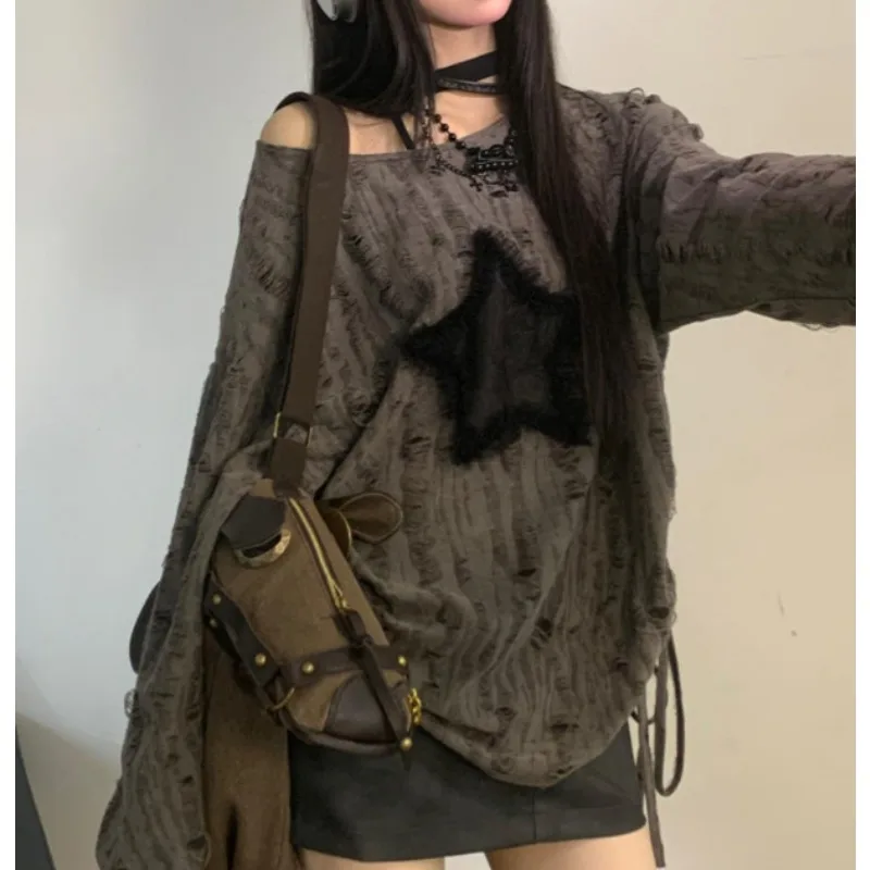 

Y2k Star Printed Ripped T-shirt Women's New Spring Loose Round Neck Long-sleeved Bottoming Shirt