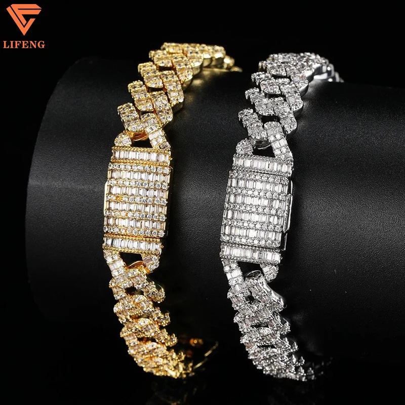 Custom S925 Iced Out Hiphop VVS Moissanite 10MM Miami Cuban Link Chain 2Row Square Baguette Diamond Bracelet Necklace