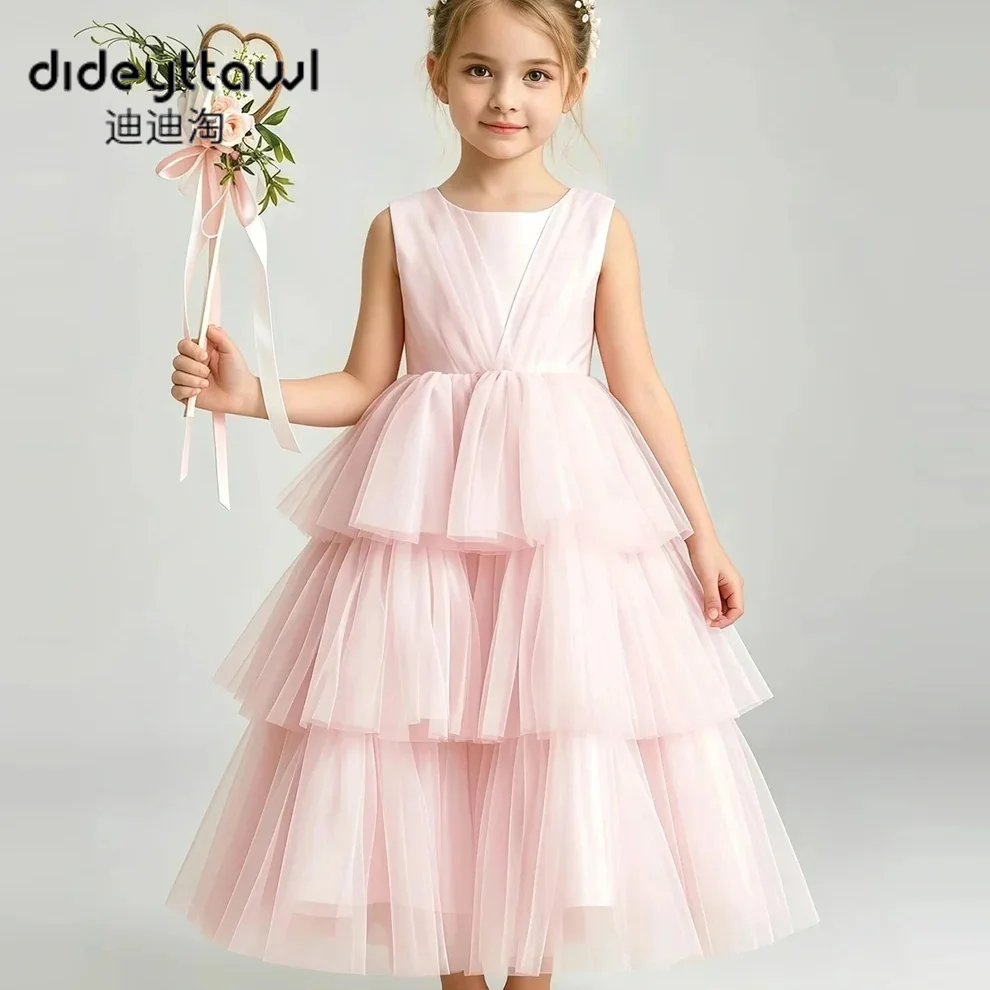 Girls Sleeveless Tiered Tulle Flower Girl Dress Multi Color Available Kids Formal Party Evening Gown Bow Back Pageant Long Dress