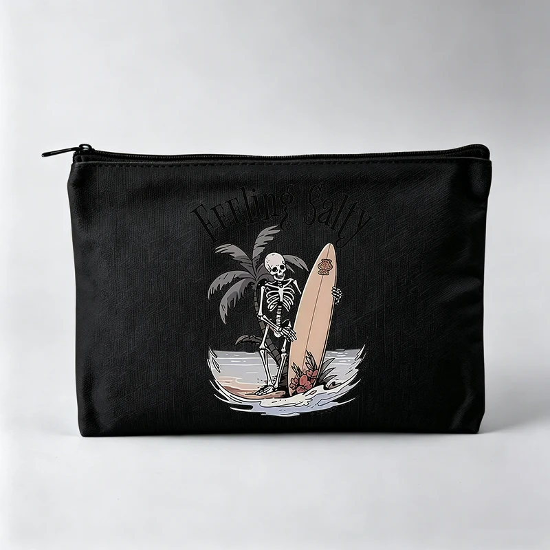 Skull and Surfboard Graphic Makeup Bag with Typography Print, Casual Cosmetic Pouch for Daily Use