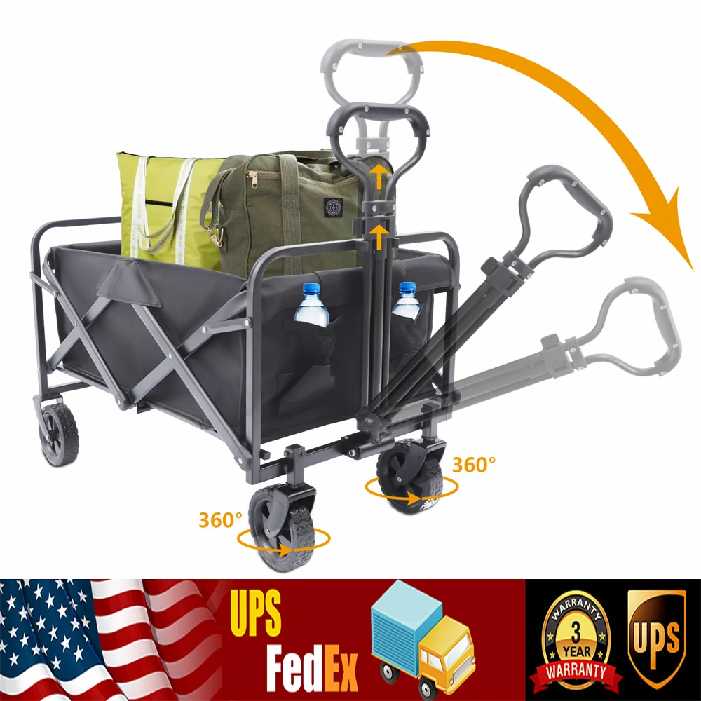 Wagon Cart Collapsible Folding Heavy Duty Utility Beach Wagon Outdoor Garden with Big Wheels Utility Grocery Wagon