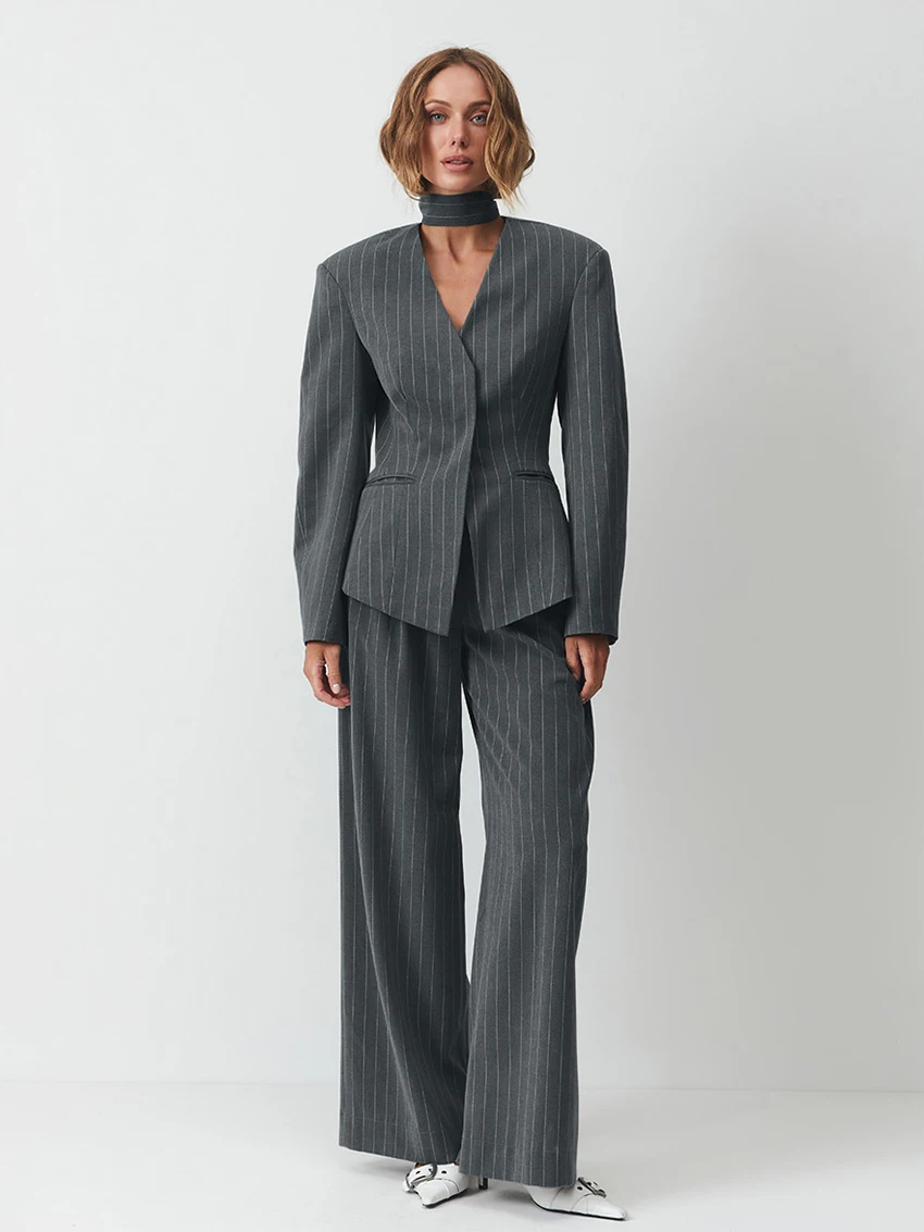 

Marthaqiqi Striped Female Nightgowns Suit Lace Up Pajamas Long Sleeve Sleepwear V-Neck Nightwear Pants Fashion Women Nightie Set