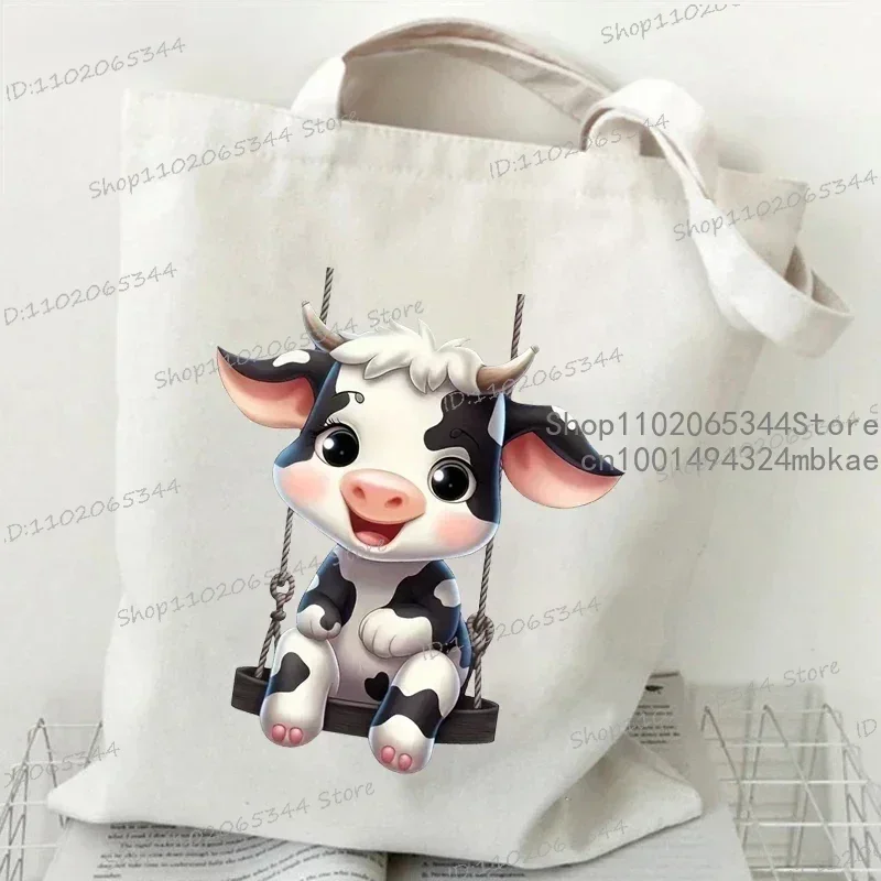 Cute Cow Print Canvas Tote Bag Women's Large Capacity Beach Shoulder Bag Student Casual Travel Shopping Bags Cartoon Cow Handbag