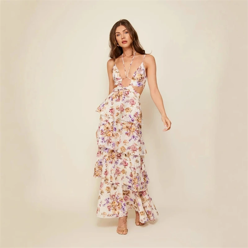 Francês elegante vestido de festa à noite sem costas feminino sem alças sem mangas cintura alta babados em camadas vestidos de grife feminino verão