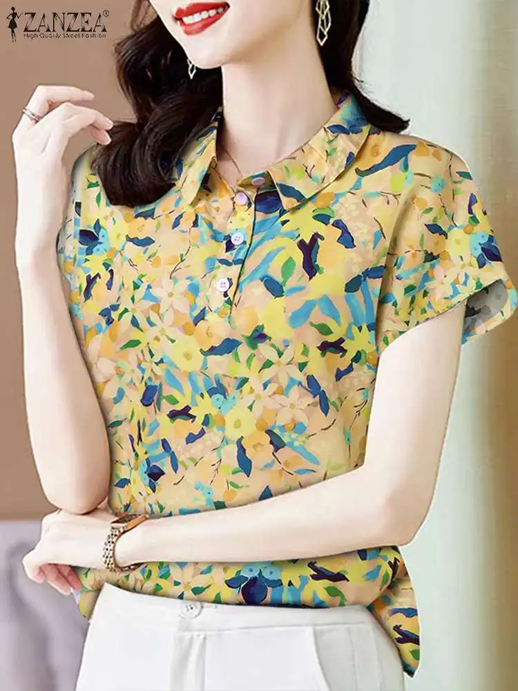 

Элегантная офисная блузка с принтом, лето 2024, тонкие Топы с коротким рукавом ZANZEA, корейская мода, женские блузы, винтажная укороченная туника для работы