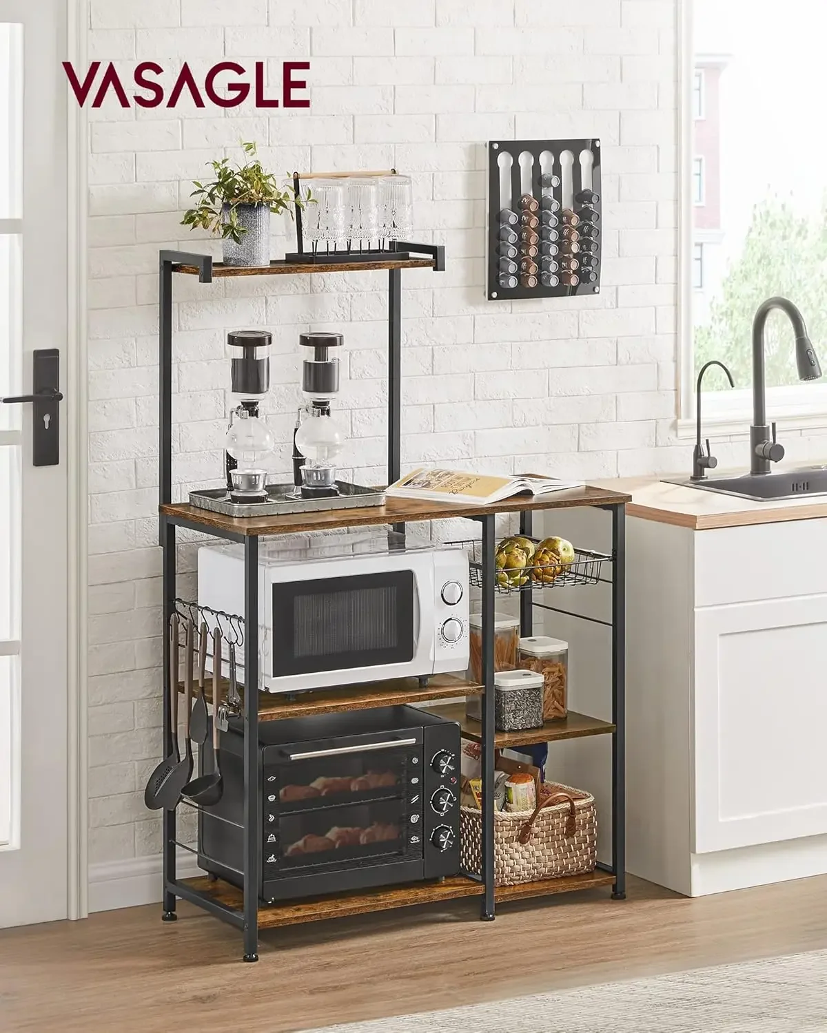 NEW Baker's Rack, Microwave Stand, Kitchen Storage Rack with Wire Basket, 6 Hooks, and Shelves, for Spices, Pots, and Pans,