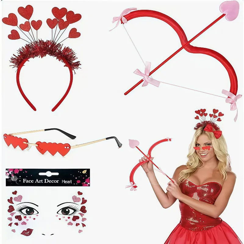 

Cupid Cosplay Love Angel Costume Bow and Arrow Red Skirt Wing Glasses Headwear Full Set Role Play Props Accessories Unisex