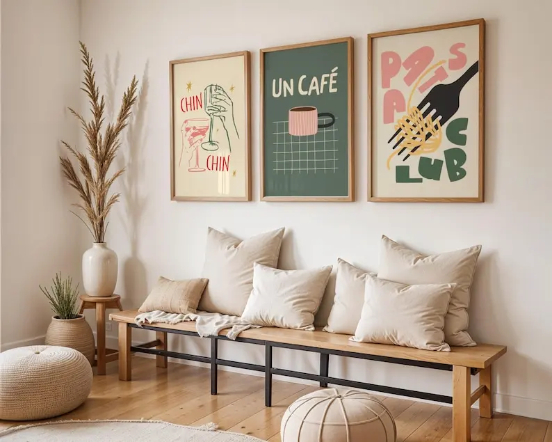3-piece Frameless Kitchen and Dining Room Themed Decorative Painting Set: Green and Pink Modern Food Art Poster Set