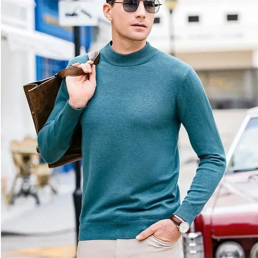 Luxury Brand Men's Mock Collar 100% Pure Woolen Sweater Tops Autumn Winter Cashmere Sweater Pullover Male Warm Knitwear Sweater