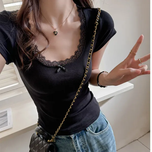 Women's Ribbed Cotton Sleeveless Tank Top Stretchy Soft Simple Versatile Lining Figure-Flattering Breathable Lace Bow.