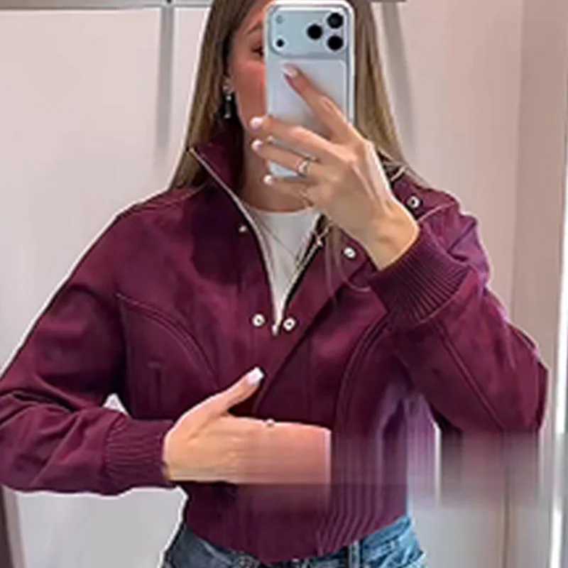 Women Faux Suede Cropped Bomber Jacket Ribbed Stand Collar Zip Up Short Coat Retro Casual Street Commute Outerwear