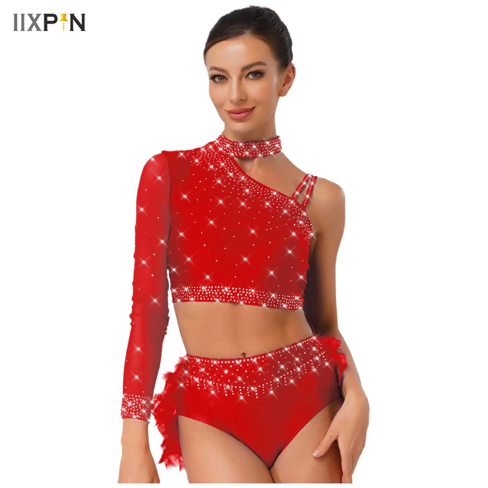 

Women's Latin Dance Crop Tops Single Long Sleeve Asymmetrical Shoulder Rhinestone Top for Belly Dance Chacha Tango Dancewear