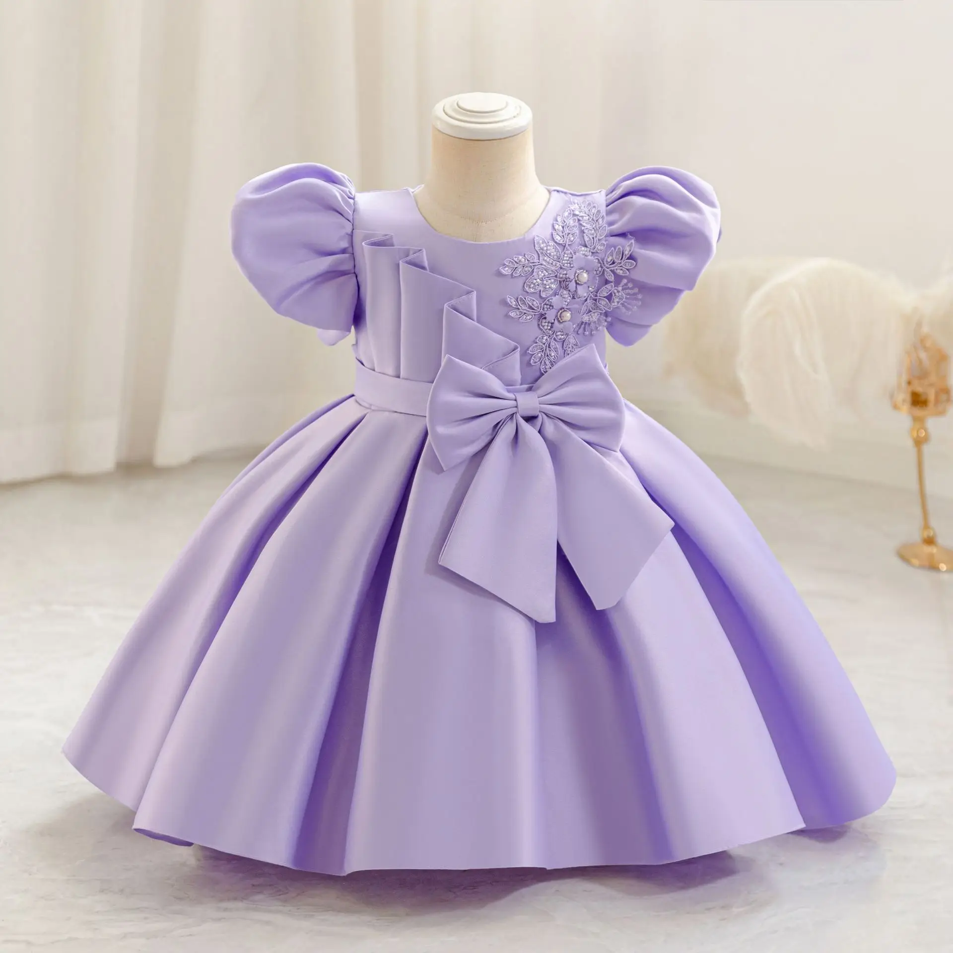 HETISO Girls Princess Dress Baby Holiday Puff Sleeve Satin Carnival Birthday Party Gown Appliques Child Frocks 6M to 5 Years