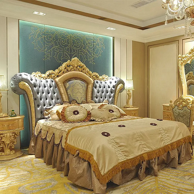 

European solid wood carved fabric big bed Italian luxury court bed, villa bedroom, princess bed, wedding bed