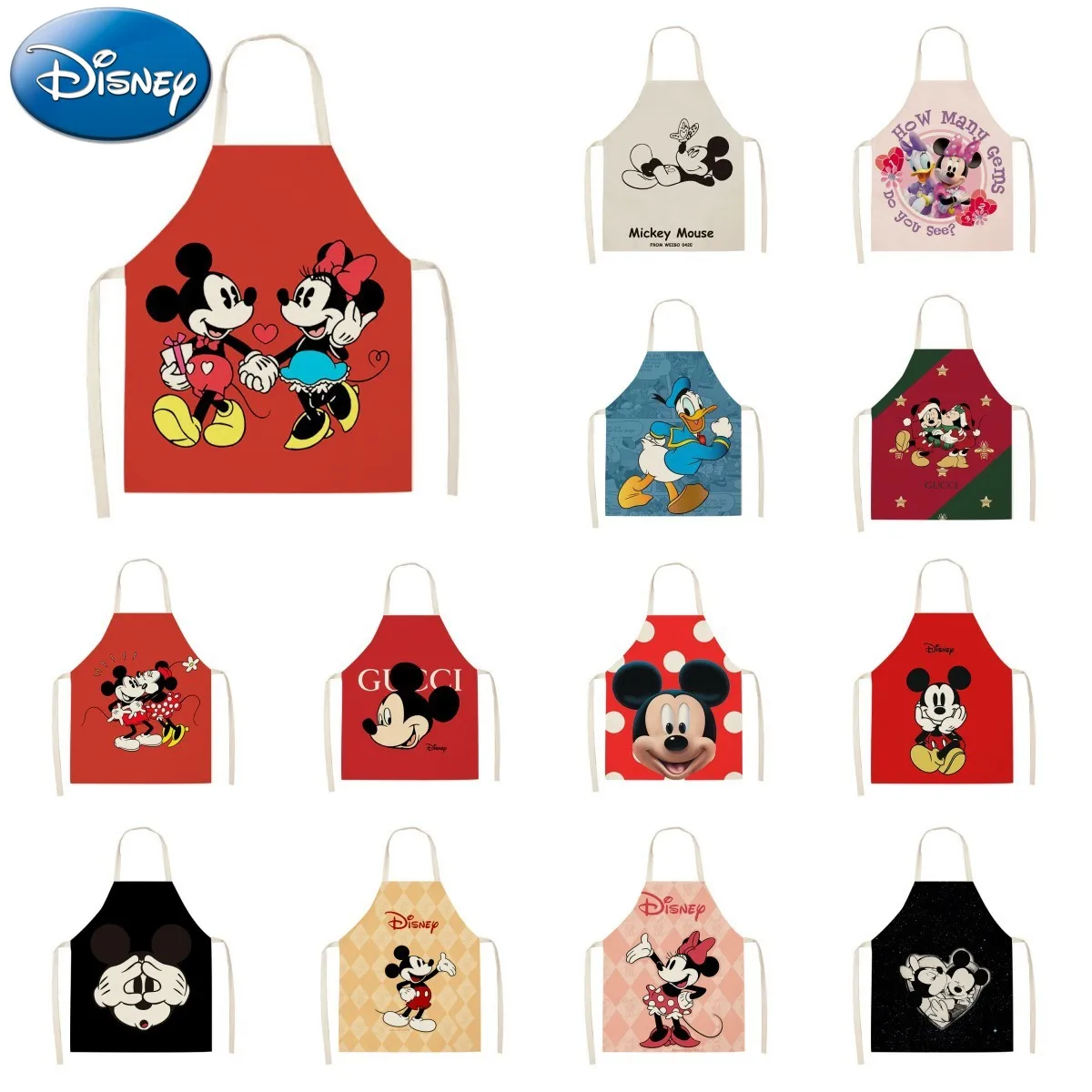 Disney Mickey mouse Cartoon Kitchen Apron Adult Child Household Cleaning Cotton Linen Pinafore Salon Home Cooking Baking tools