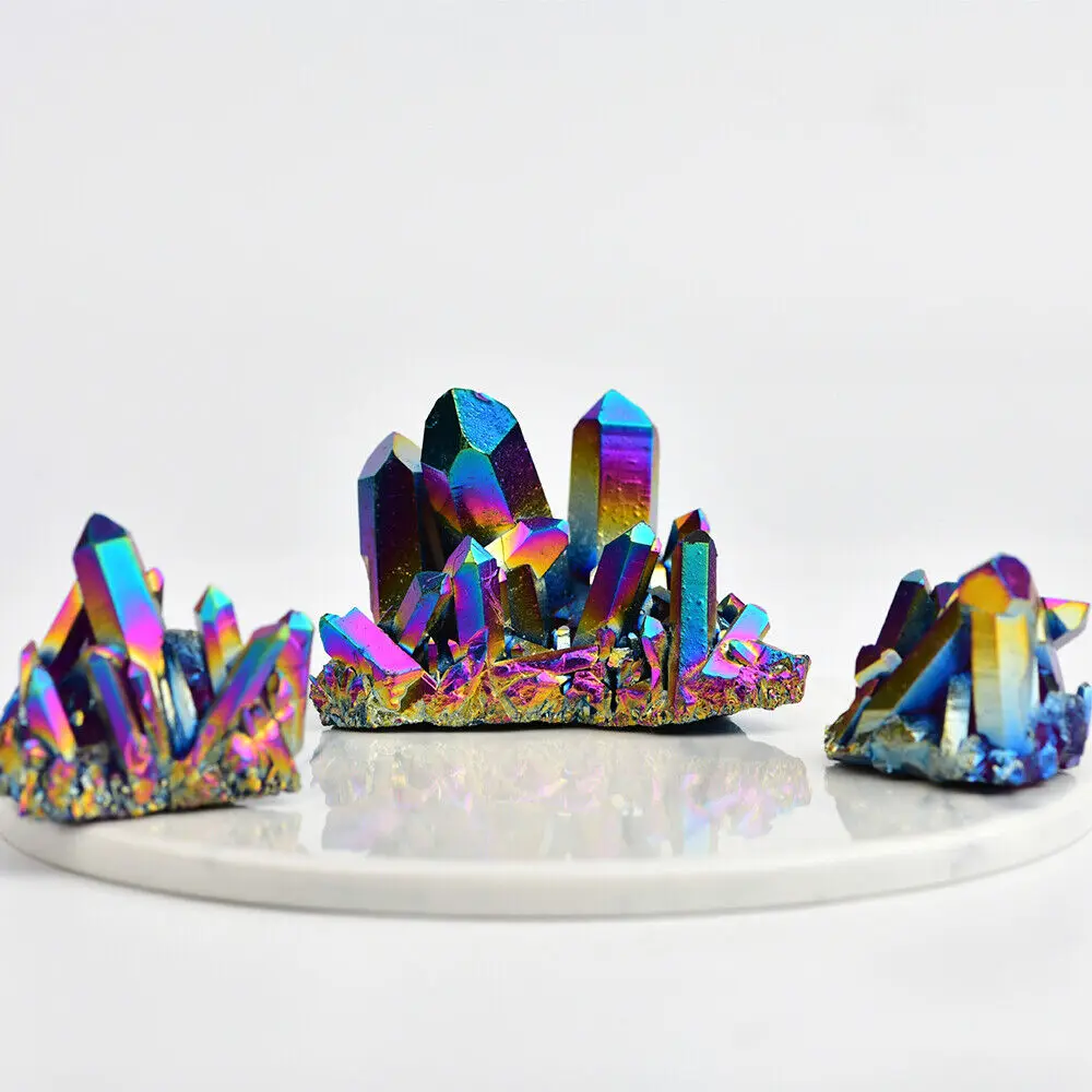 1PC Natural Rainbow Aura Titanium Quartz Crystal Cluster Specimen Healing Stones