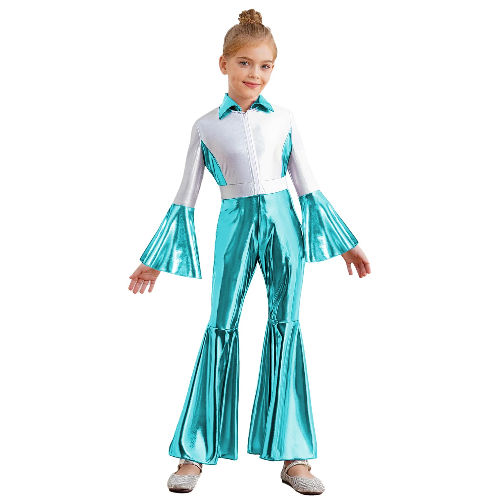 

Kids Girls Jazz Metallic 70s Disco Costume Latin Dance Jumpsuit Contrast Color Long Sleeve Zipper Rompers for Stage Performance