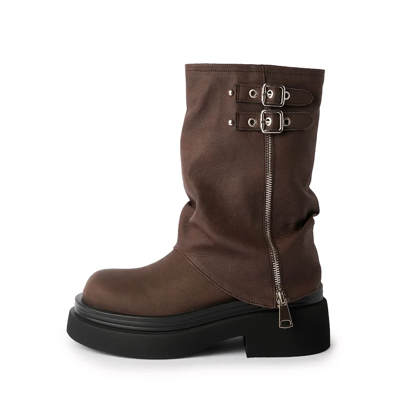 

Women Fashion Trouser Boots Square Heel Platform Shoes Spring Autumn Short Boots Internet Celebrity Buckle Shoes Round Toe