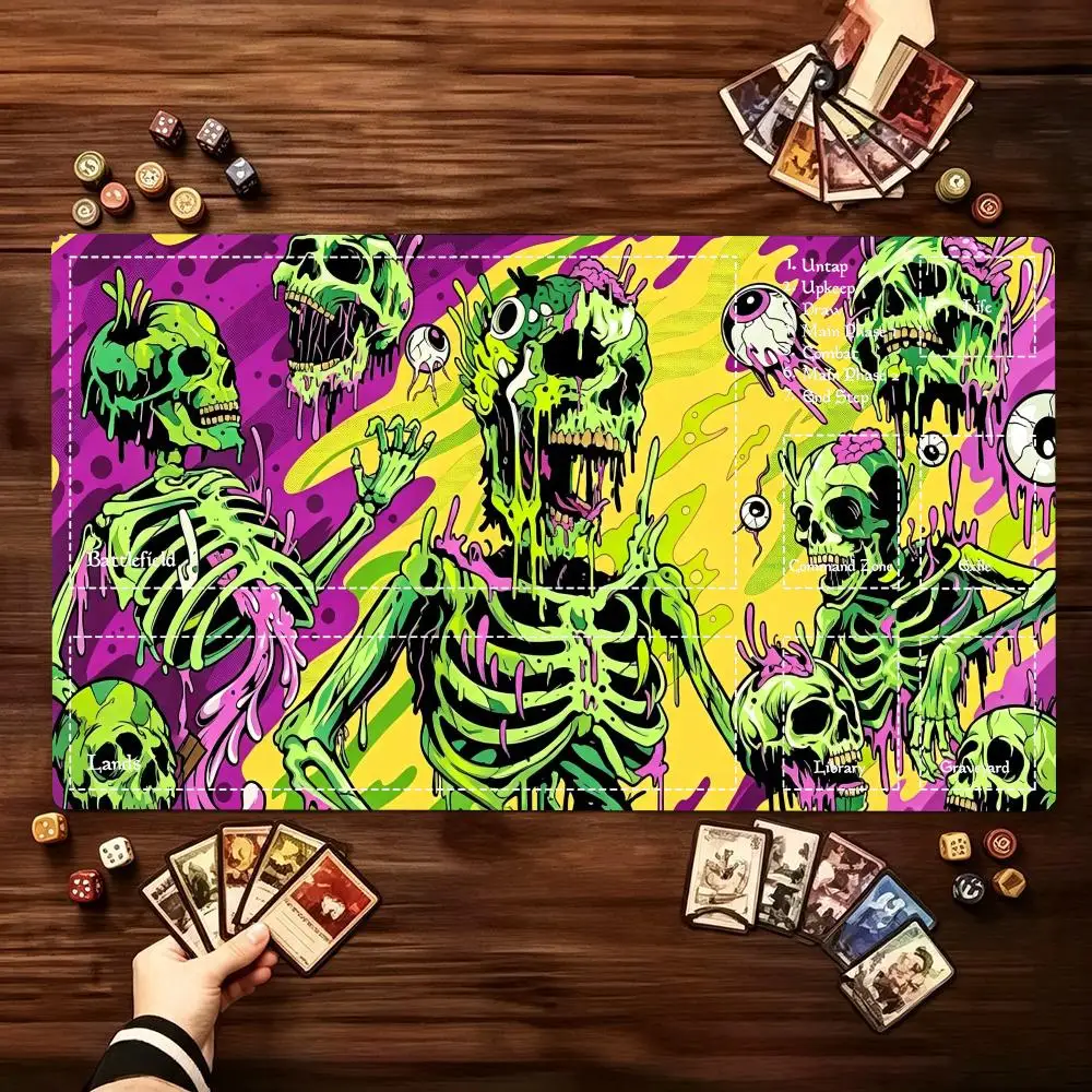 Neon Skeleton Horror Large Gaming Desk Mat Non‑Slip Rubber Base Stitched Edges HD Print Playmat for Card Game PC Laptop Gaming