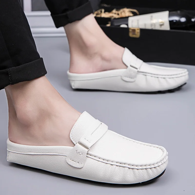 2022 Men Half Shoes Casual Luxury Brand Italian Handmande Slipon Men Driving Shoes Leather Summer Comfort Slippers Loafers White