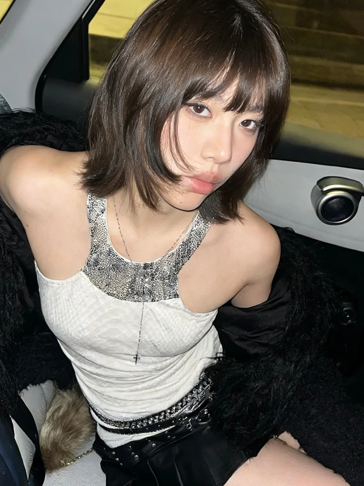 

Cutenew Snake Print Tank Top Women Wild Sexy Hottie Sequin Patchwork Sleeveless Halter Stretch Skinny High Street Clubwear