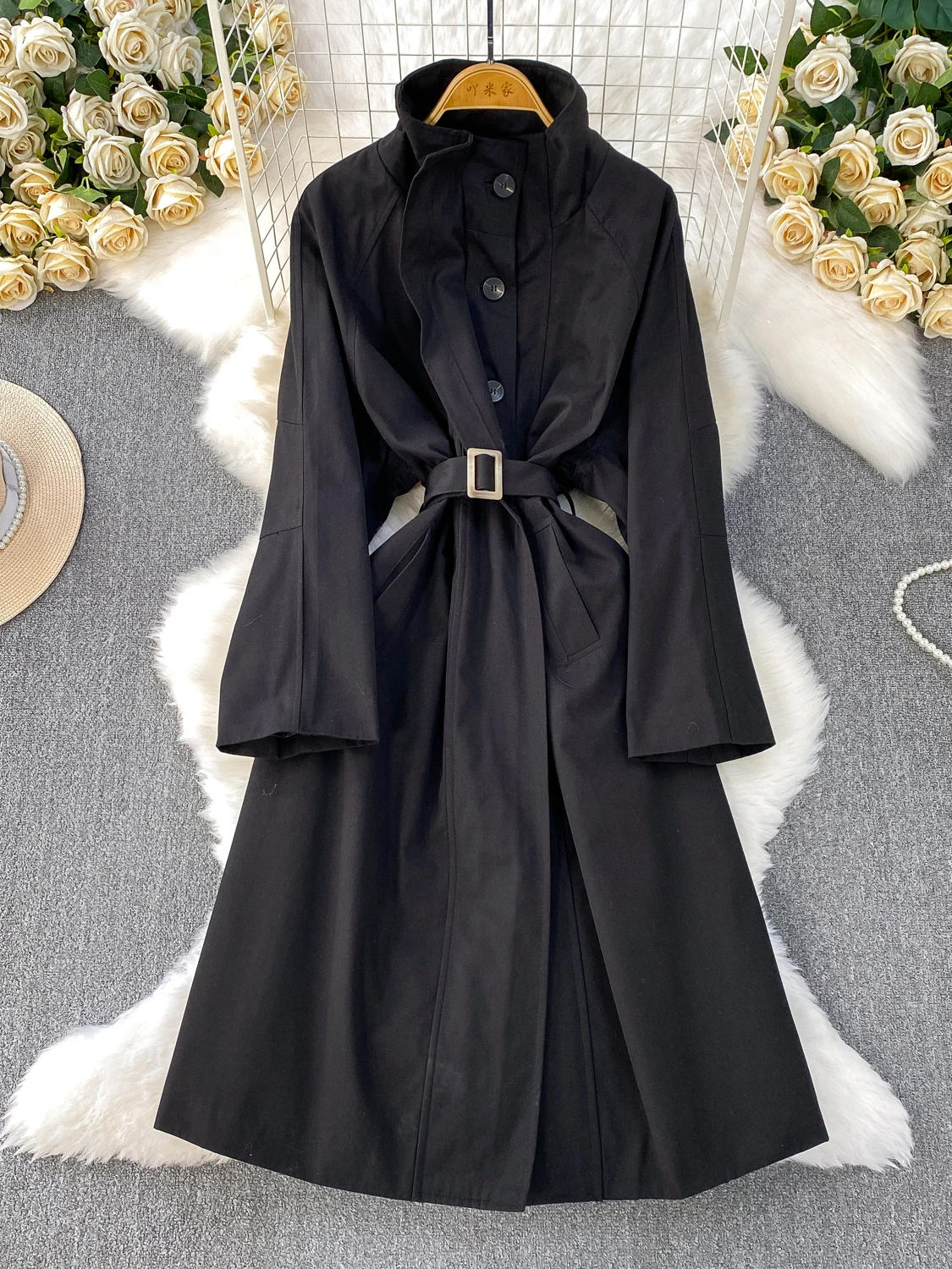 Ele Long Sve Stand Collar Dr Women's Mid-Length A-Line Windbreaker Waist-Cinched Single Button Autumn Faion