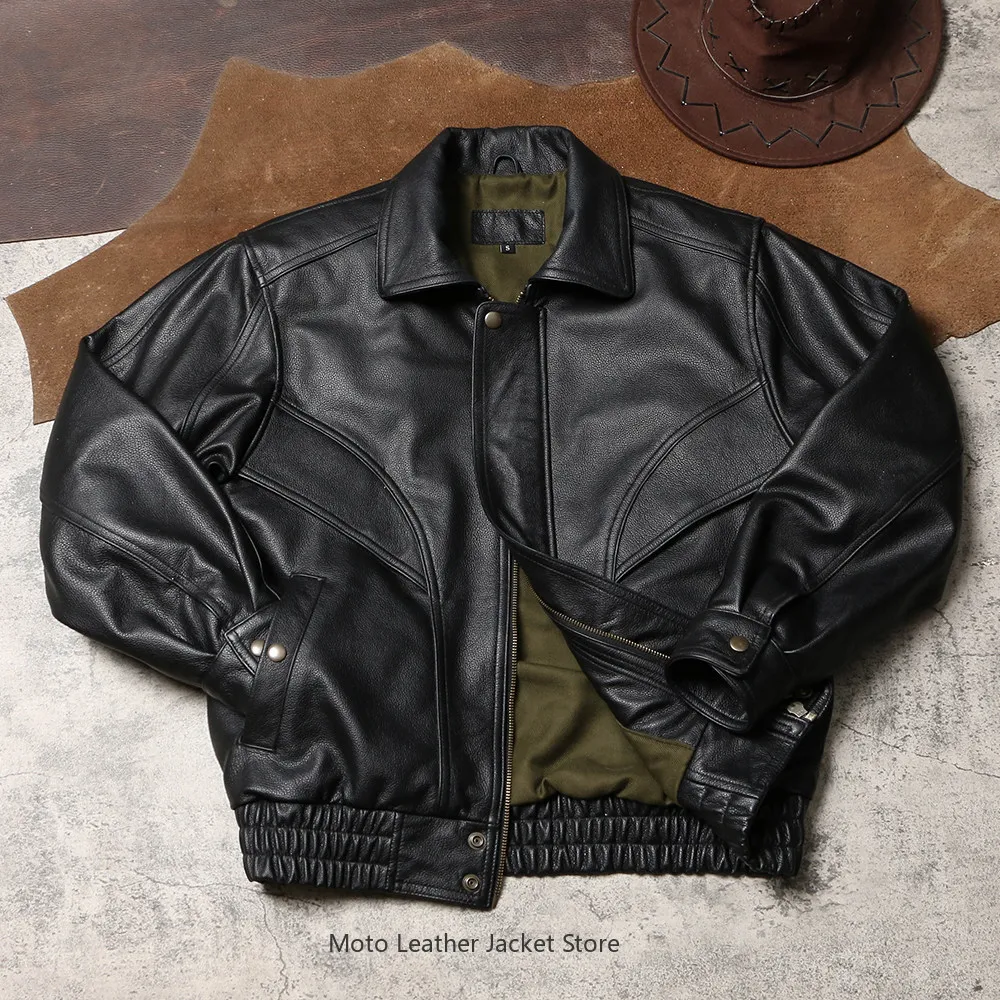 Retro 90s Hong Kong Style Unisex Genuine Leather Jacket, Loose Short Boxy Silhouette, Vintage Genuine Cowhide Leather Outerwear