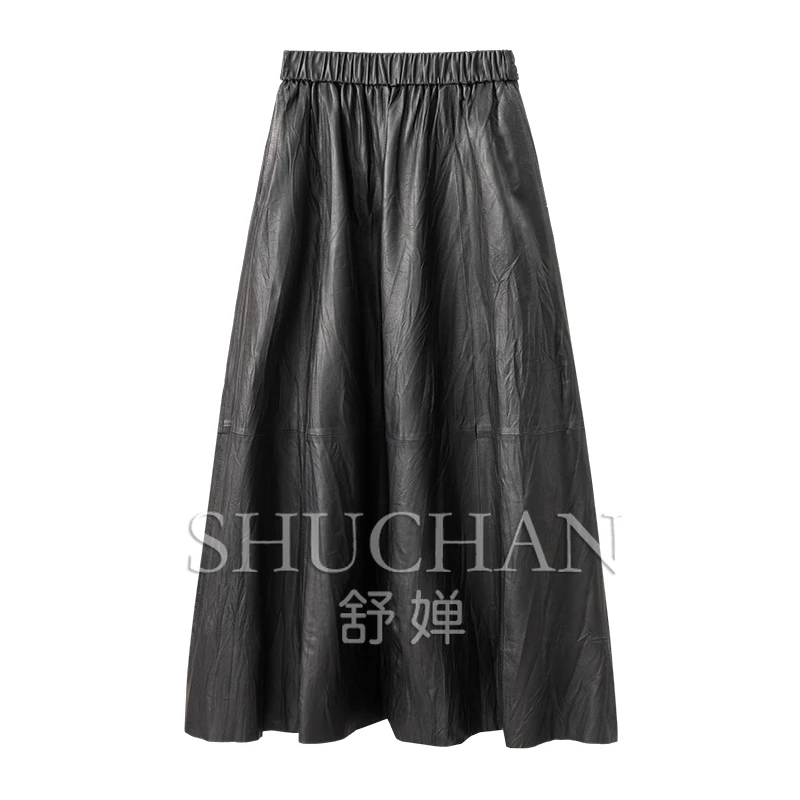 Italian Embossed Sheepskin Elastic Waist A-shaped Umbrella Skirt Women 83B1 Long Skirts for Women