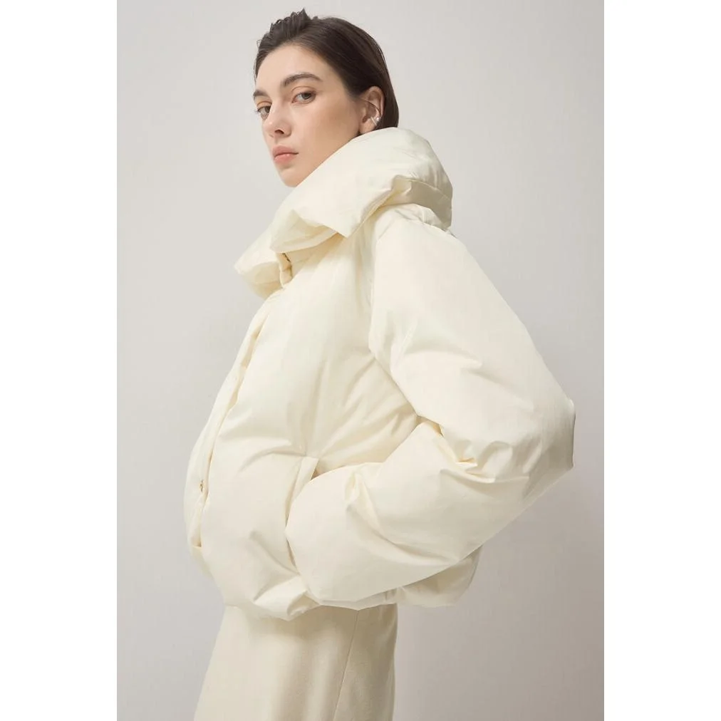 Thiened Goose down Jaet Dstring Commute Sle Korean Version Straight Cut High Collar ket Single Button Long Sve