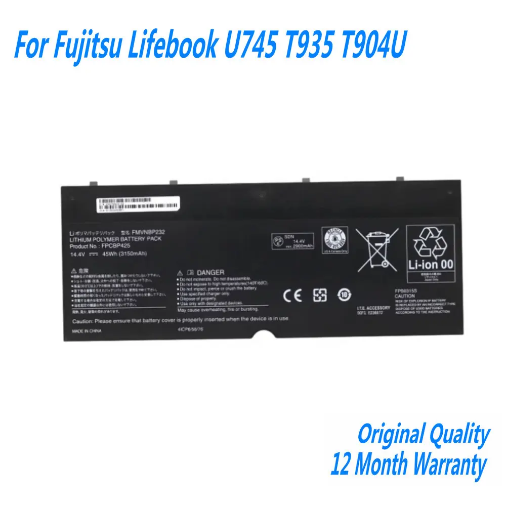 

NEW Original FPCBP425 Laptop Battery For Fujitsu Lifebook U745 T935 T904U FMVNBP232 FPB0315S 14.4V 45Wh 3150mAh