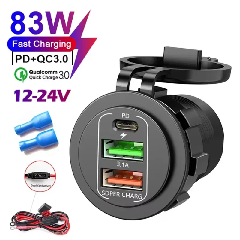 QC 3.0 PD30W Dual-USB-Schnellladegerät für Autos, 12V/24V, wasserdicht, mit Schalter, Auto-Schnellladeadapter, Stromanschluss