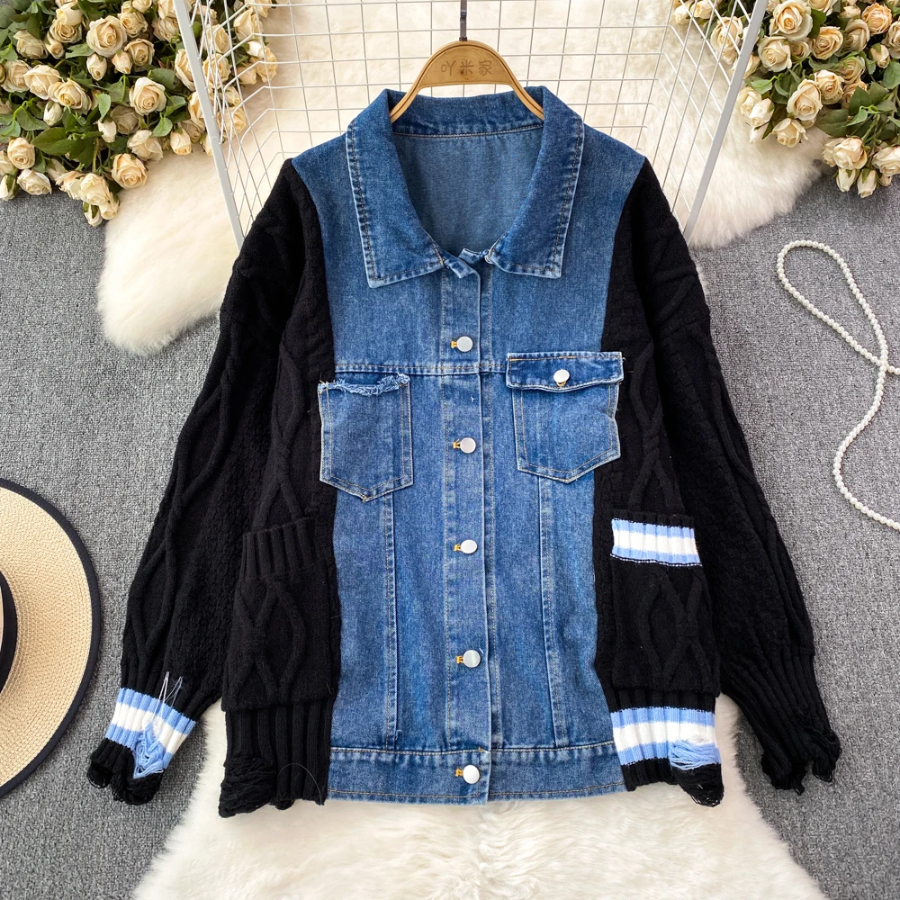 Nomikuma Autumn Winter Fashion Fake Two Pieces Causal Sweater Patchwork Single Breasted Demin Coat Women Causal Jackets