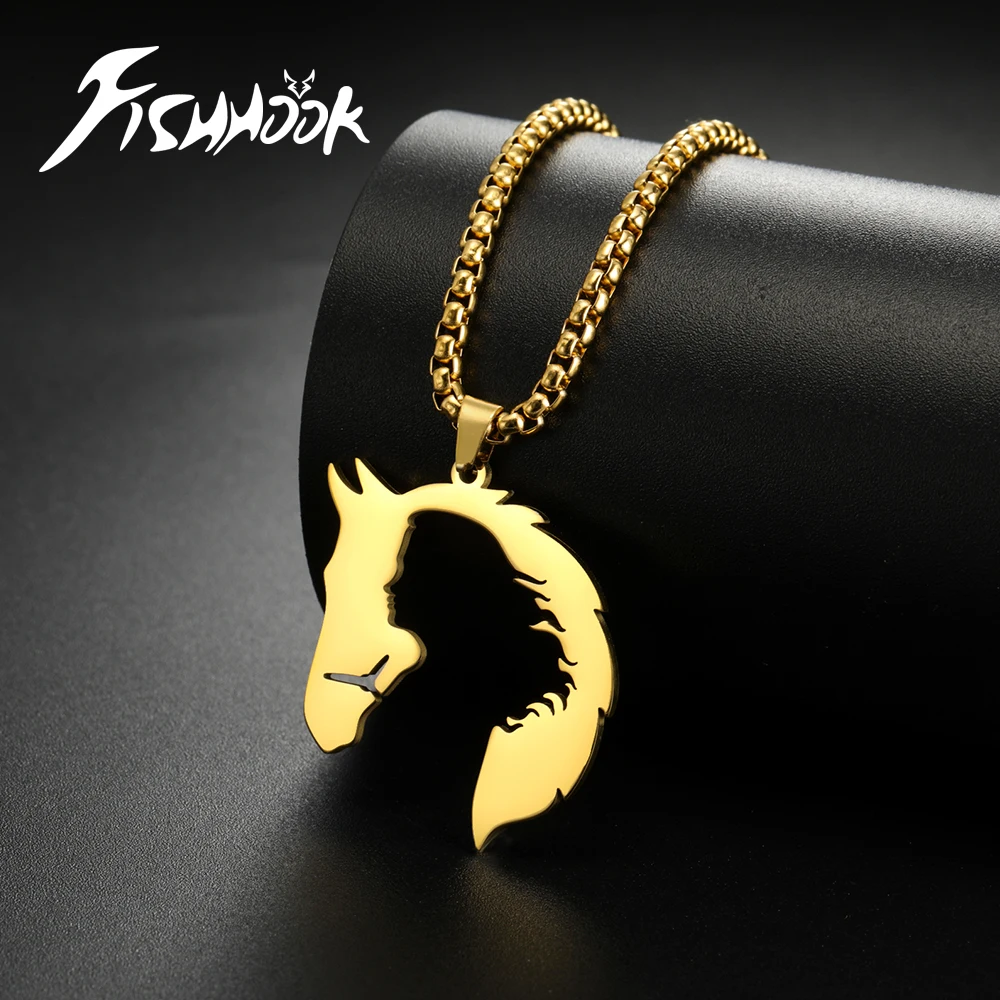 Fishhook Horse Necklace for Woman Men Girl Gift Supernatural Amulet Unicorn Pendant Stainless Steel Box Chain Jewelry Fashion