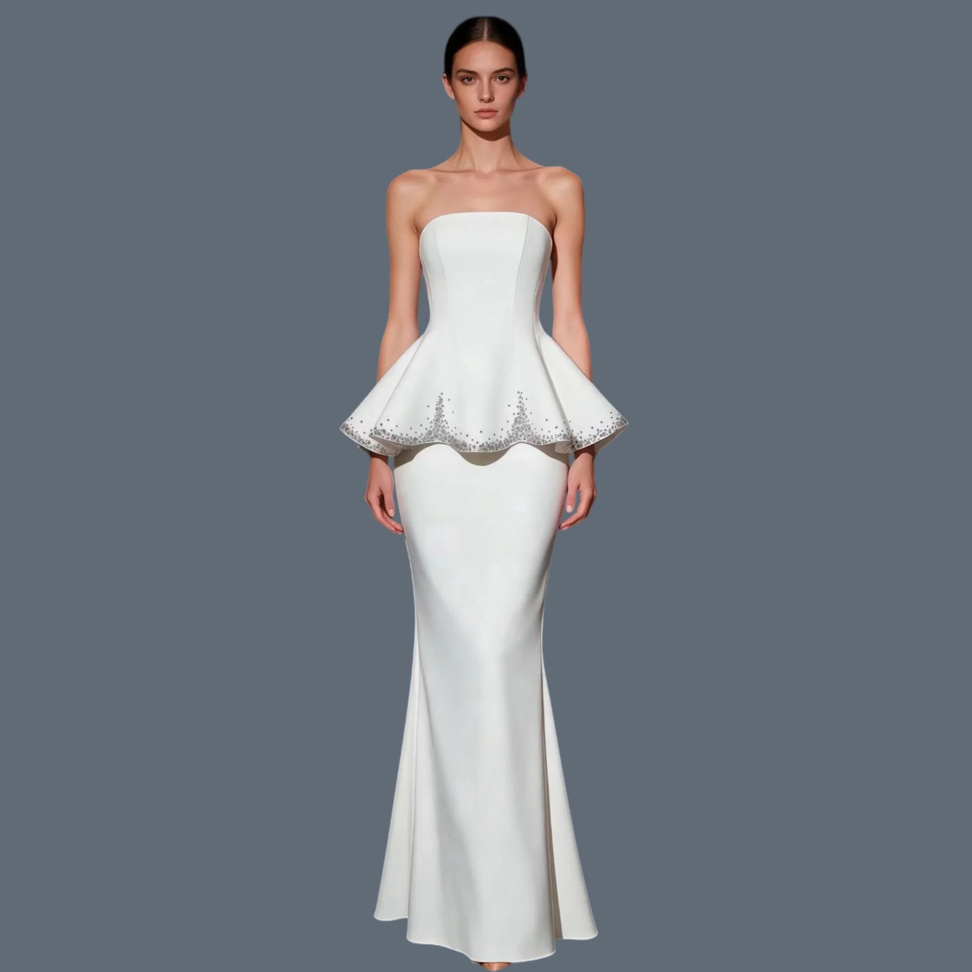 High-end Couture White Strapless Evening Gown Women Spandex Long Dress Wedding Prom Birthday Party Elegant Formal Dress Baileng