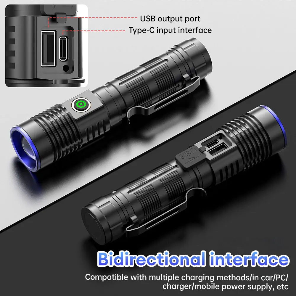 30W LED Flashlight Outdoor Rechargeable Electric Torch Ultra Bright Zoomable Flashlight With 5-color Lens for Camping Fishing